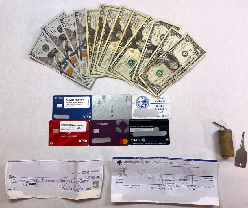 Brentwood police arrested Adam Lew, 34, of Walnut Creek, Calif., and seized fraudulent checks, an M80 firework, shaved keys, several debit and credit cards in Lew’s possession. Lew is suspected of passing a fraudulent check, possession of stolen debit and credit cards, possession of a destructive device, identity theft, and other related charges. (Brentwood Police Department via Bay City News)