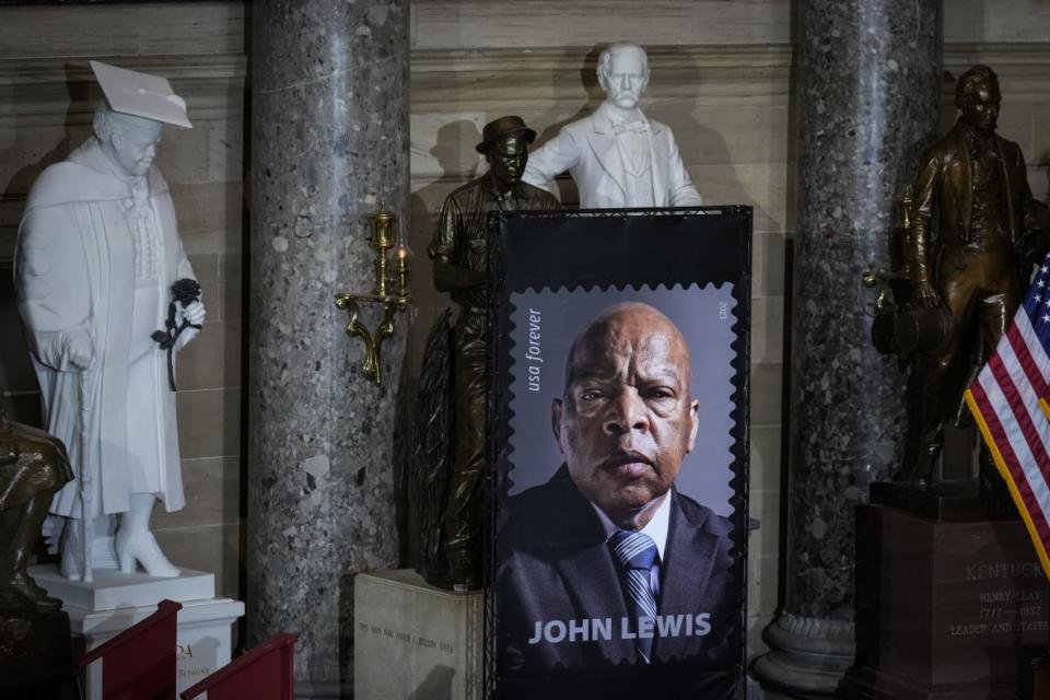 WASHINGTON, DC – JUNE 21: A view of the new stamp featuring the late Congressman and civil rights activist John R. Lewis of Georgia, in Statuary Hall at the U.S. Capitol on June 21, 2023 in Washington, DC. Lewis spent more than 30 years in Congress and passed away in July 2020 from pancreatic cancer. (Photo by Drew Angerer/Getty Images)
