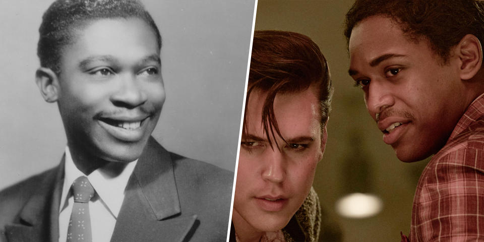 (L) B.B. King in Los Angeles, Calif., 1952. (R) Austin Butler as Elvis and Kelvin Harrison Jr. as B.B. King in 