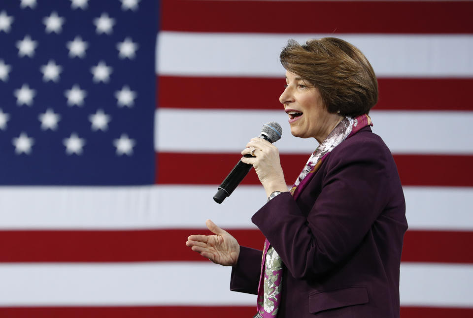 Democratic presidential candidate Sen. Amy Klobuchar, D-Minn., speaks at a Service Employees International Union forum on labor issues, Saturday, April 27, 2019, in Las Vegas. (AP Photo/John Locher)