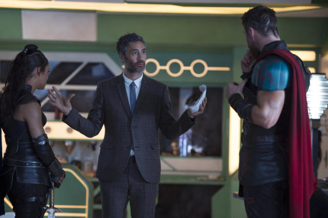 Taika Waititi, Tessa Thompson and Chris Hemsworth on the set of Thor: Ragnarok (Credit: Marvel/Disney)