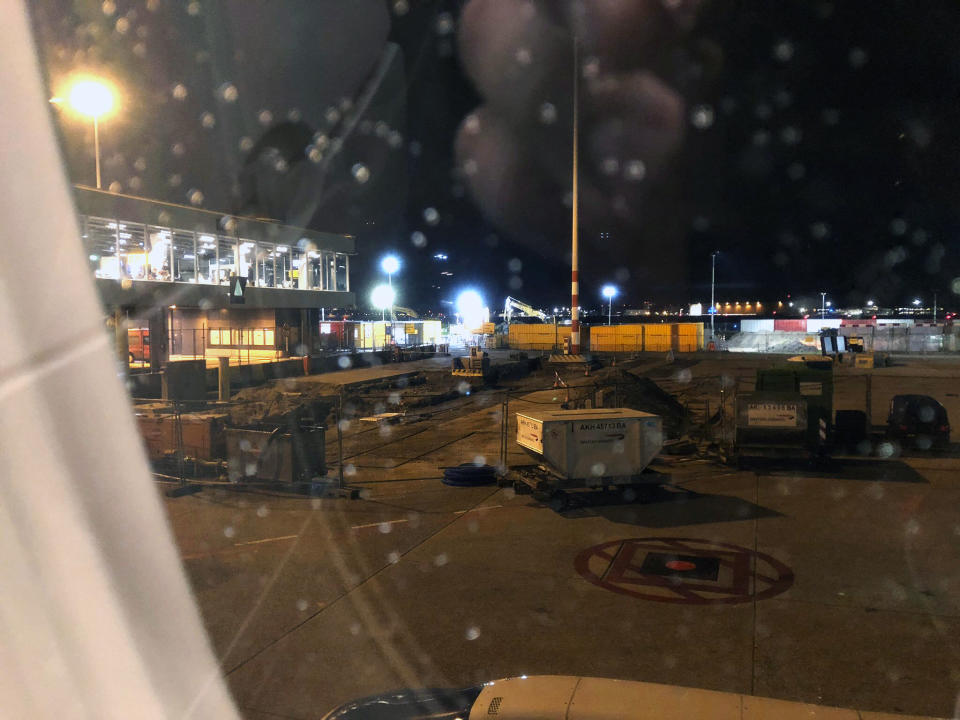 A plane waits for take off at Amsterdam Schiphol Airport after a security alert was issued about another plane at the airport in Schiphol, Neatherlands, on Wednesday, Nov. 6, 2019. (Giorgio Bonfiglio/@g_bonfiglio via AP)