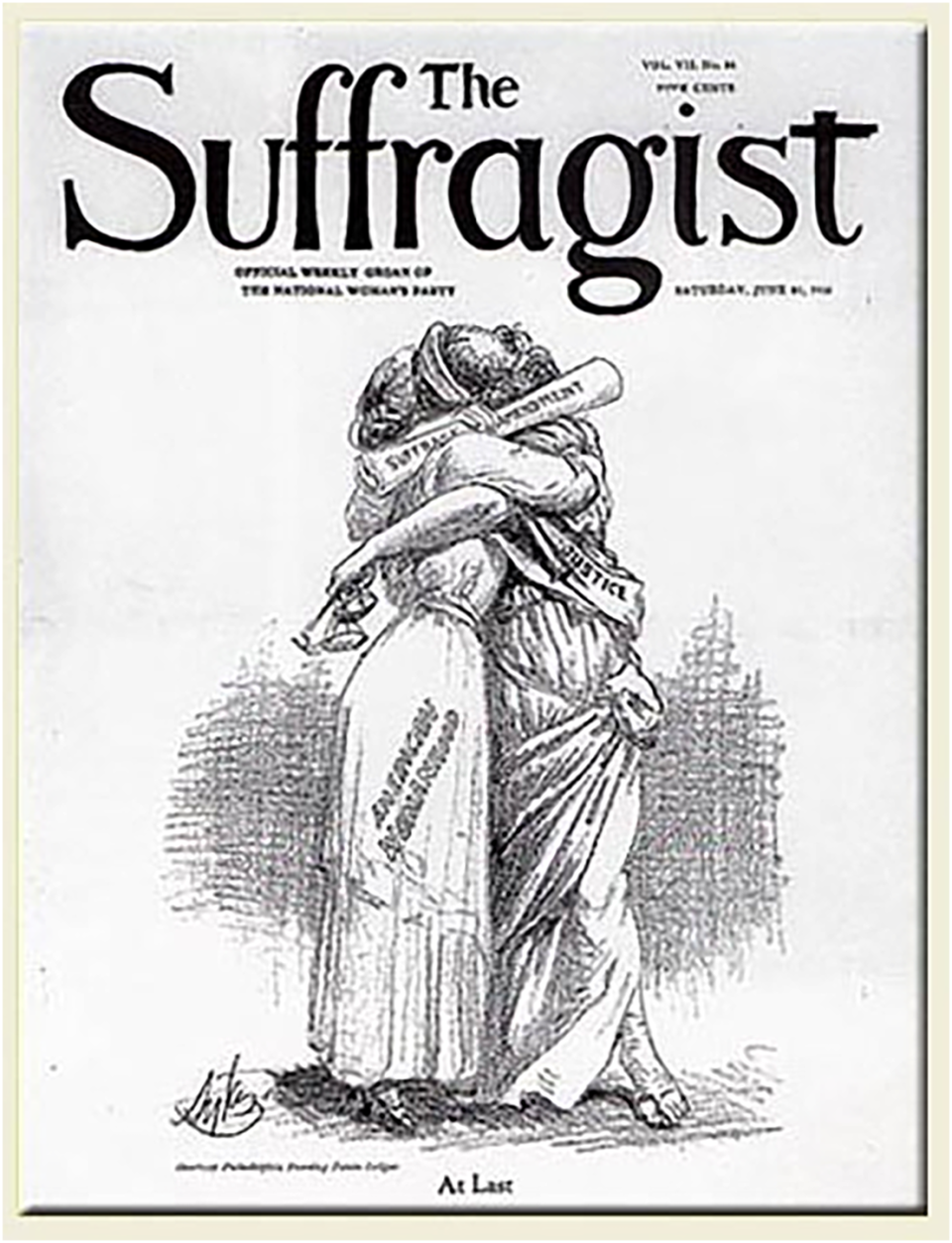 The 19th Amendment was ratified in 1920 -- but before its official ratification, women's right to vote was celebrated by The Suffragist newspaper in June of 1919, after the amendment passed through the Senate, with a powerful cover: two women embracing, the words "At Last" the only caption.&nbsp;
