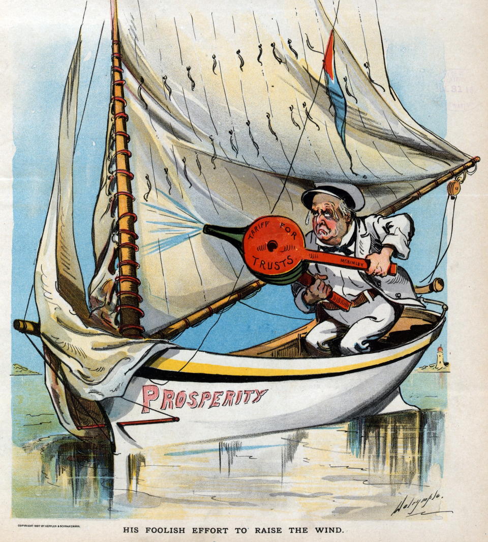 His foolish effort to raise the wind' President McKinley sitting in a sailboat labelled 