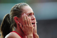 LONDON, ENGLAND - AUGUST 06: Jennifer Simpson of the United States reacts after she competes in the Women's 1500m heat on Day 10 of the London 2012 Olympic Games at the Olympic Stadium on August 6, 2012 in London, England. (Photo by Stu Forster/Getty Images)