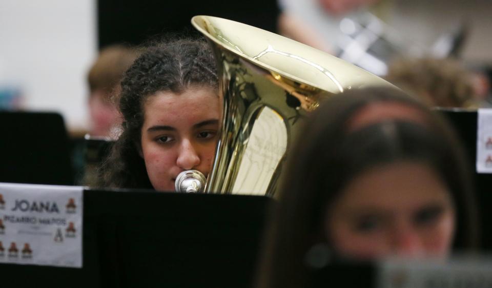 Ames Middle school band practices for upcoming concert at the school on Wednesday, April 24, 2024, in Ames, Iowa.