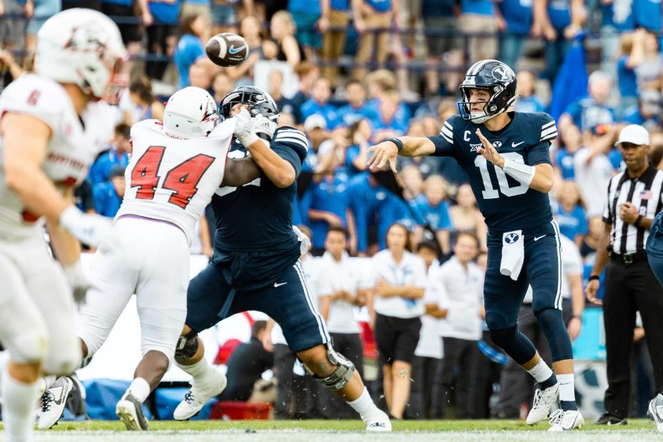 Brigham Young Cougars quarterback Kedon Slovis (10) throws the ball during the game against the Southern Utah Thunderbirds.