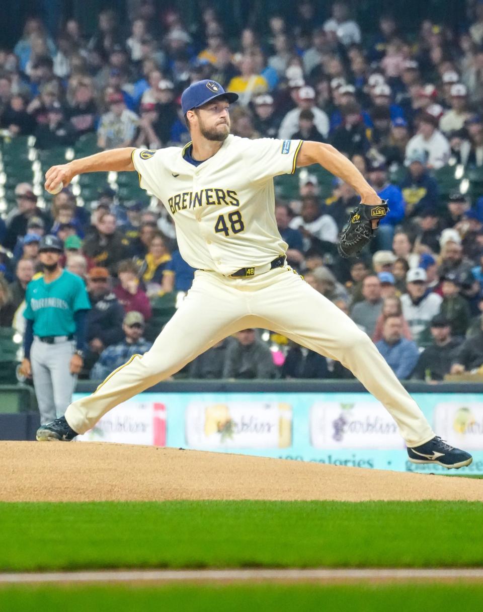 Milwaukee Brewers pitcher Colin Rea (48) seen during the first inning of their game against the Seattle Mariners Sunday, April 7, 2024, at American Family Field in Milwaukee. Ebony Cox / Milwaukee Journal Sentinel
