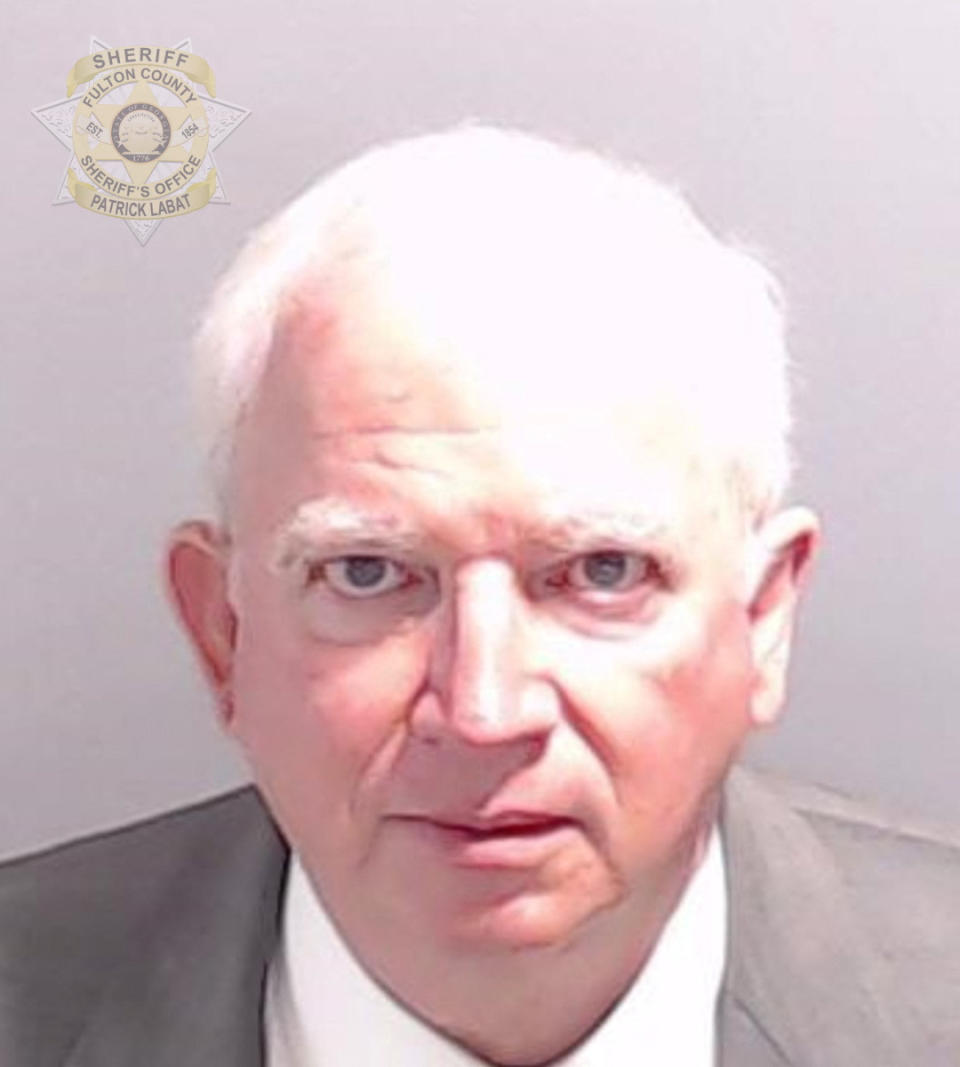 Former president Donald Trump's former lawyer John Eastman is shown in a police booking mugshot released by the Fulton County Sheriff's Office on August 22, 2023. (Fulton County Sheriff's Office) 