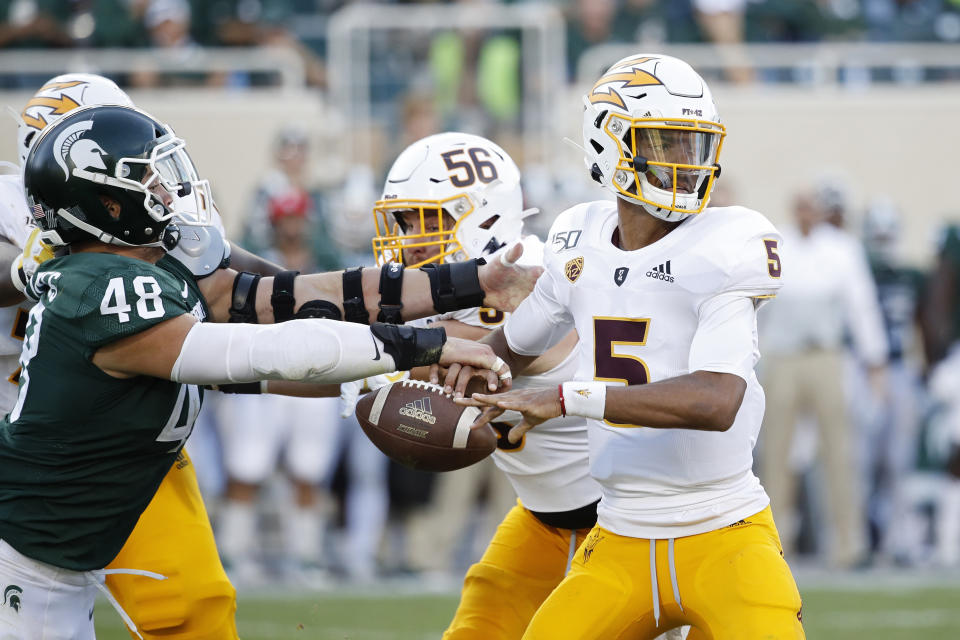 Michigan State pass rusher Kenny Willekes, left, was extremely disruptive against Arizona State. (Getty Images)