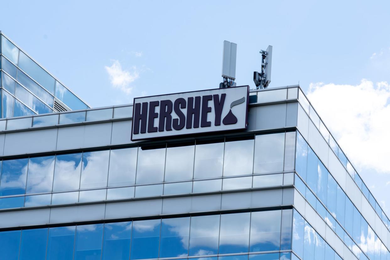 Mississauga, Ontario, Canada - August 11, 2019: Hershey sign on the building in Mississauga, an American company and one of the largest chocolate manufacturers in the world.