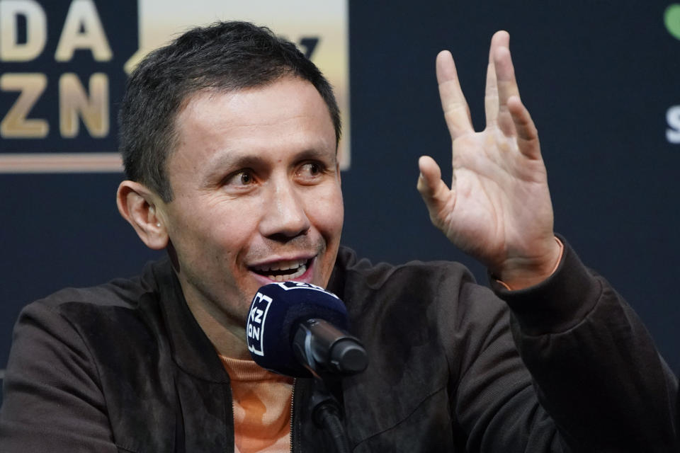 Gennady Golovkin gestures during a news conference Thursday, Sept. 15, 2022, in Las Vegas. Golovkin is scheduled to fight Canelo Alvarez in a super middleweight title bout Saturday in Las Vegas. (AP Photo/John Locher)