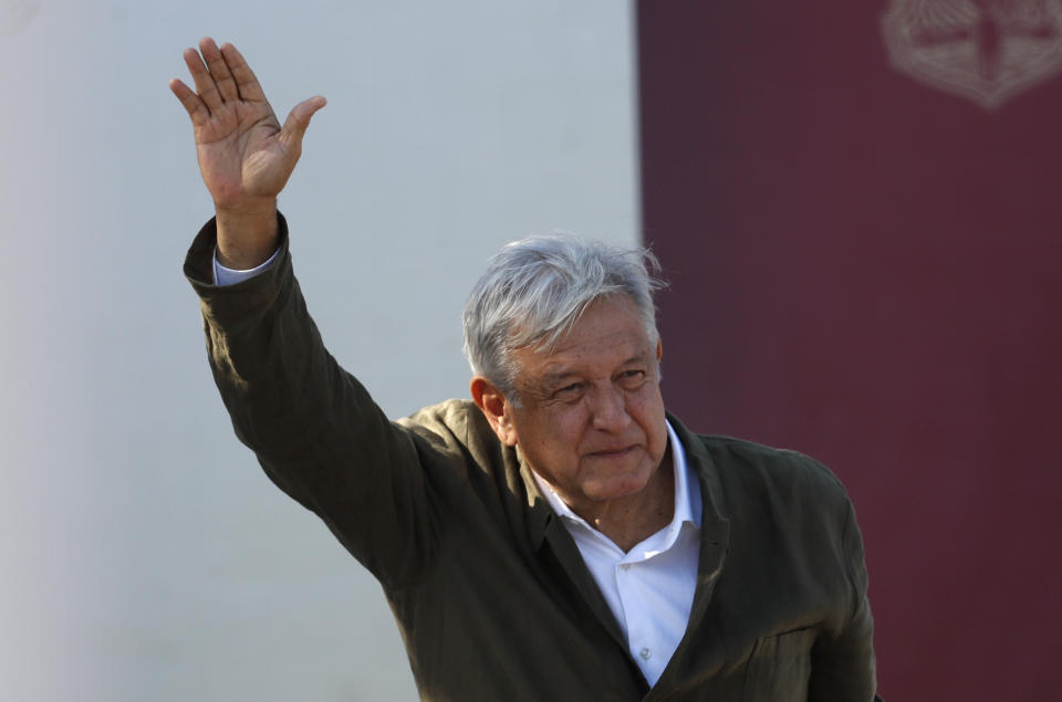 Mexican President Andres Manuel Lopez Obrador arrives at a rally in Tijuana, Mexico, Saturday, June 8, 2019. The event was originally scheduled as an act of solidarity in the face of President Donald Trump's threat to impose a 5% tariff on Mexican imports if it did not stem the flow of Central American migrants heading toward the U.S. But Mexican and U.S. officials reached an accord Friday that calls on Mexico to crackdown on migrants in exchange for Trump backing off his threat. (AP Photo/Eduardo Verdugo)