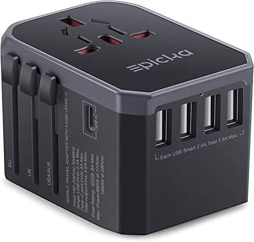 EPICKA Universal Travel Adapter One International Wall Charger AC Plug Adaptor with 5.6A Smart Power and 3.0A USB Type-C for USA EU UK AUS (TA-105, Grey) (AMAZON)