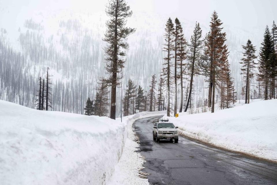 A vehicle is driven on Sierra Ski Ranch Road as snow falls on Monday, March 6, 2023 in El Dorado County.