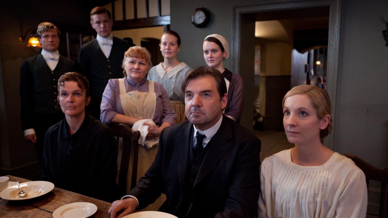 SIOBHAN FINNERAN as O'Brien, LESLEY NICOL as Mrs Patmore, BRENDAN COYLE as Bates, JOANNE FROGGATT as Anna Bates, ED SPELEERS as Jimmy Kent, MATT MILNE as Alfred Nugent, CARA THEOBOLD as Ivy Stuart, SOPHIE MCSHERA as Daisy Mason