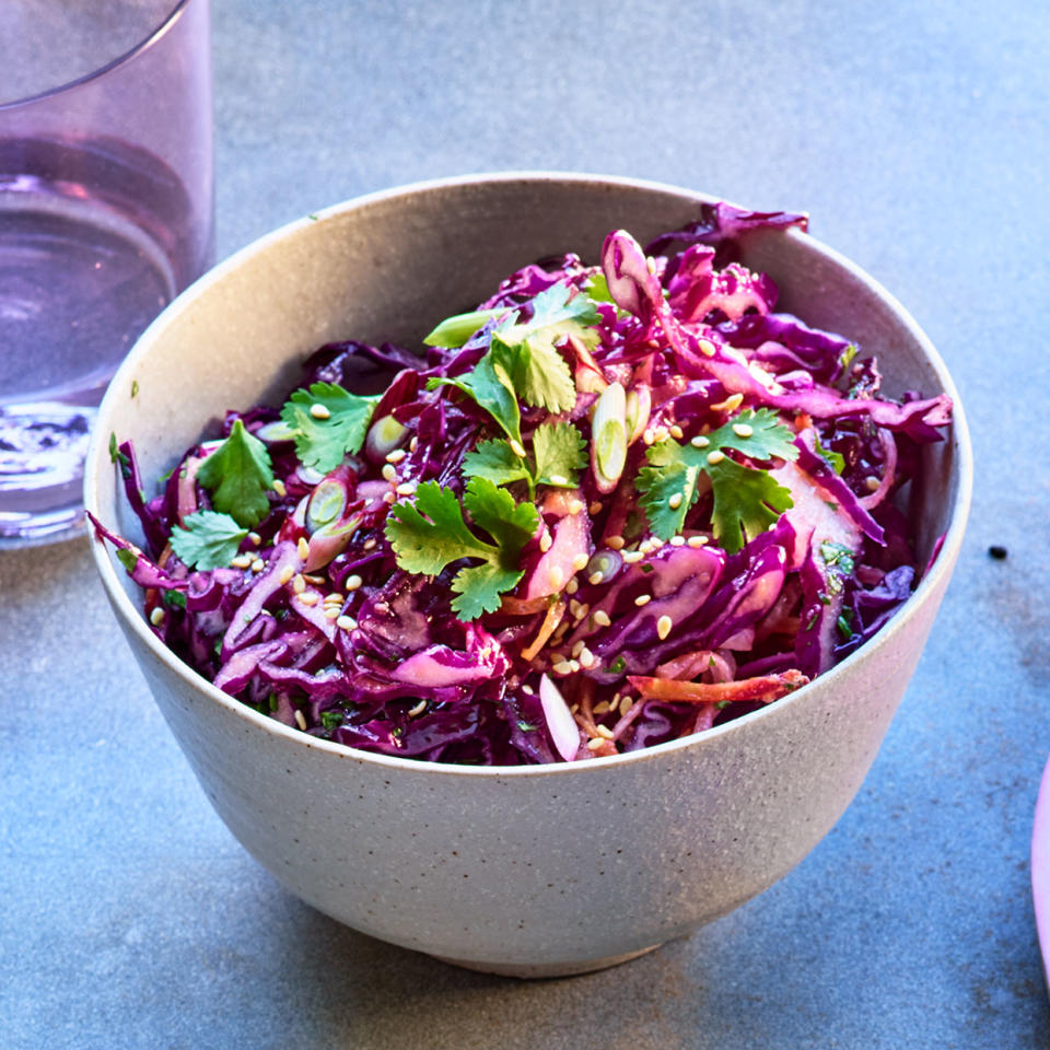 <p>Combining a trio of purple vegetables--cabbage, carrots and daikon--makes for a stunning slaw recipe. It would be equally delicious tossed with a classic creamy dressing. <a href="https://www.eatingwell.com/recipe/279070/purple-power-slaw-with-sesame-ginger-vinaigrette/" rel="nofollow noopener" target="_blank" data-ylk="slk:View Recipe;elm:context_link;itc:0;sec:content-canvas" class="link ">View Recipe</a></p>