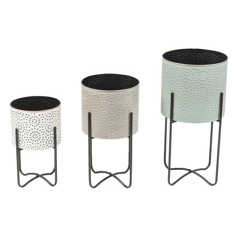 1) Three Piece Stamped Metal Planters With Stands