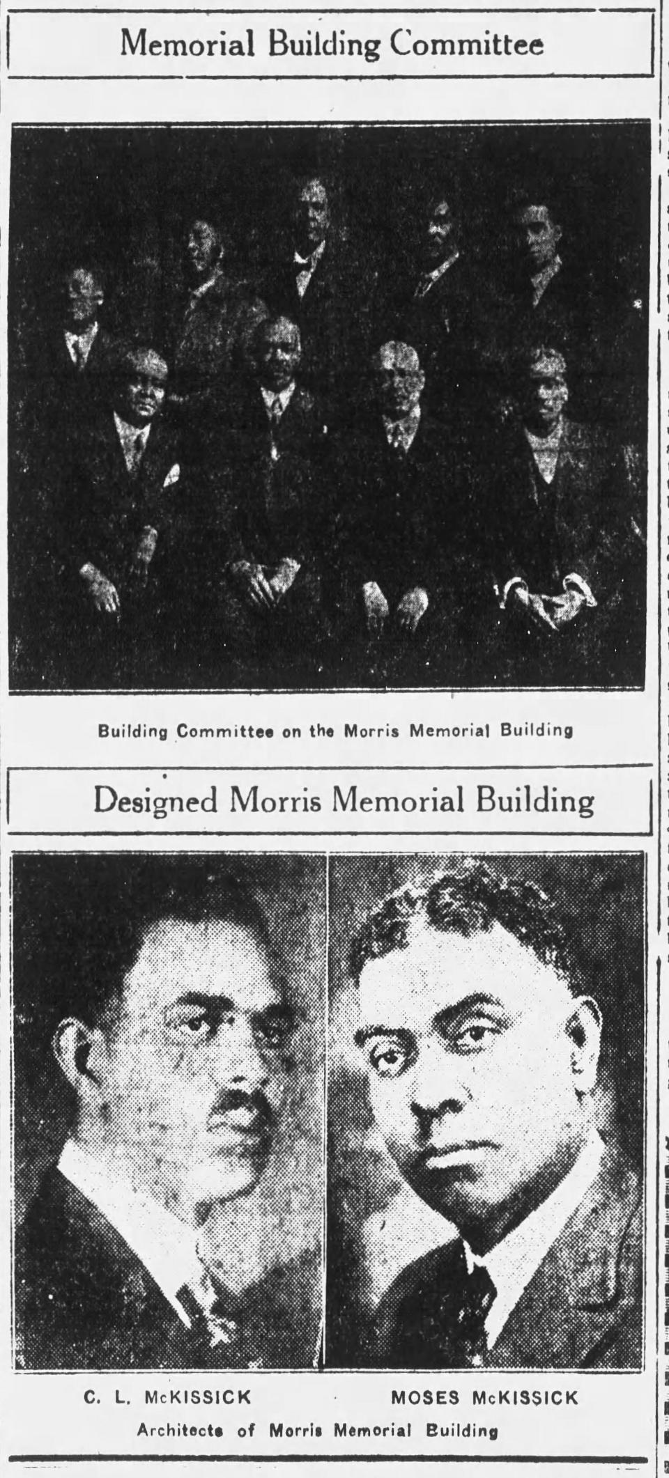 An Oct. 21, 1925 edition of The Tennessean depicts architects C.L. McKissack and Moses McKissack, who opened Tennessee's first Black architecture firm and designed the Morris Memorial Building.