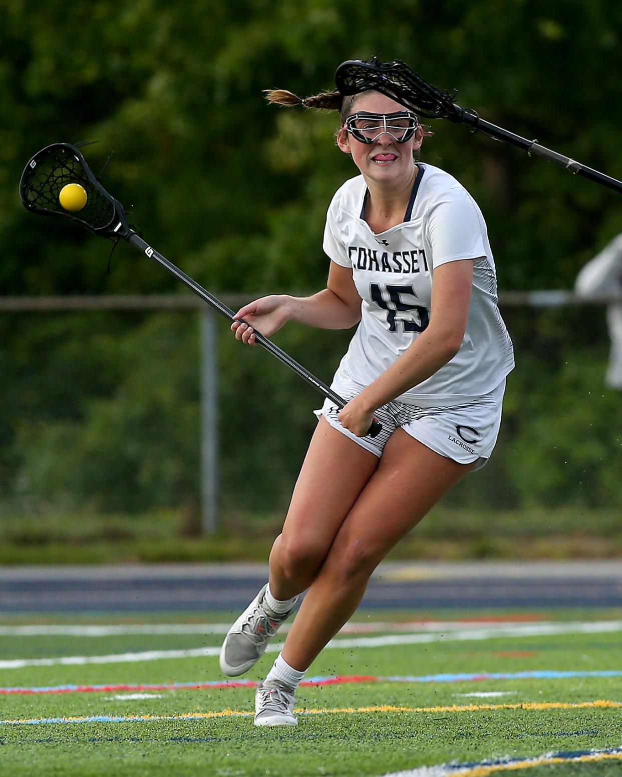 Cohasset's Laney Larsen looks to go on the attack during second half action of their game against Norwell in the Division 3 Elite 8 game at Cohasset High School on Friday, June 9, 2023. Norwell would win in OT 9-8.