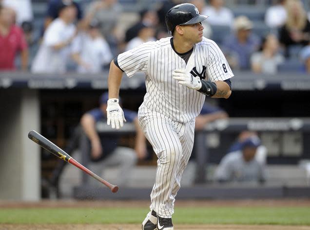 Yankees rookie Gary Sánchez is always ready to swing. (AP)