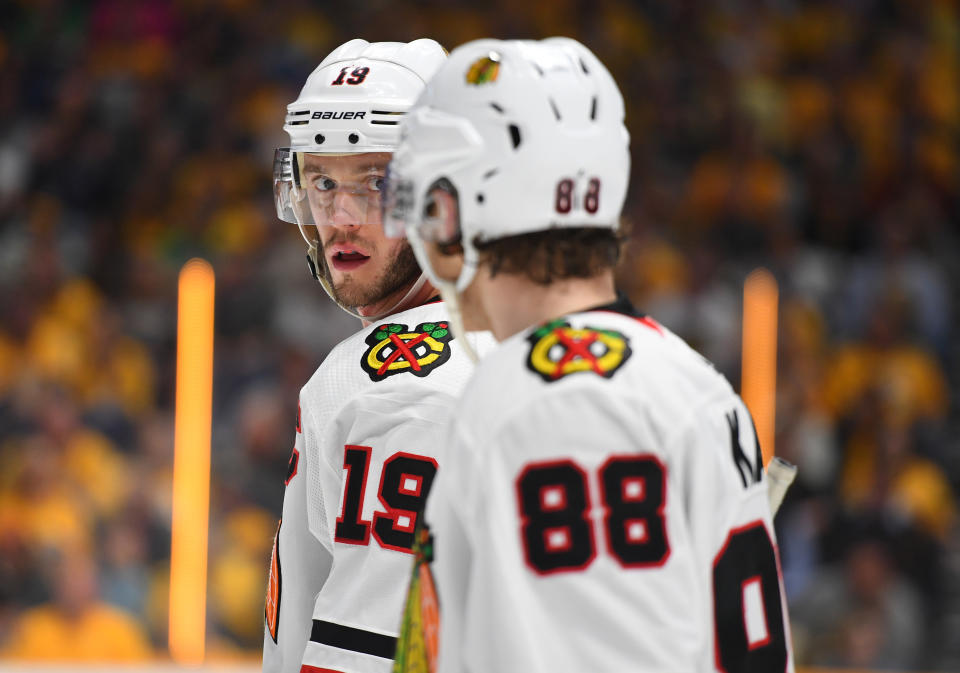 Apr 6, 2019; Nashville, TN, USA; Chicago Blackhawks center Jonathan Toews (19) and Chicago Blackhawks right wing Patrick Kane (88) during the third period against the Nashville Predators at Bridgestone Arena. Mandatory Credit: Christopher Hanewinckel-USA TODAY Sports