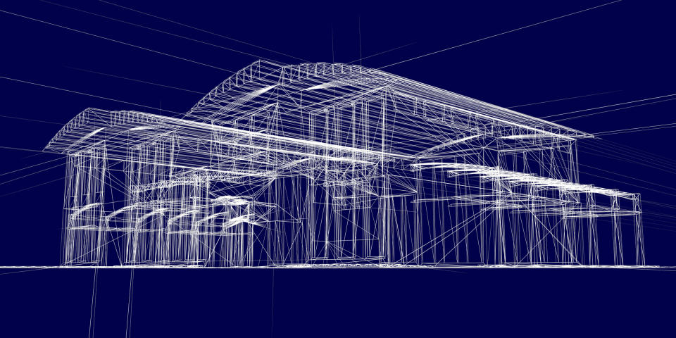 A computer-assisted design (CAD) blueprint wireframe drawing of a commercial building.