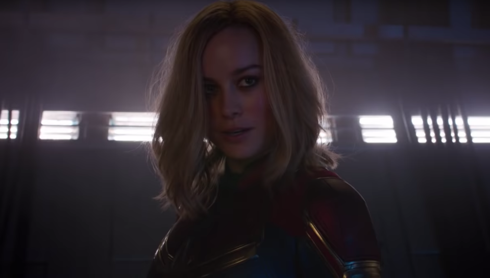 Brie Larson suits up as Captain Marvel in the superhero film’s new TV spot. (Disney)