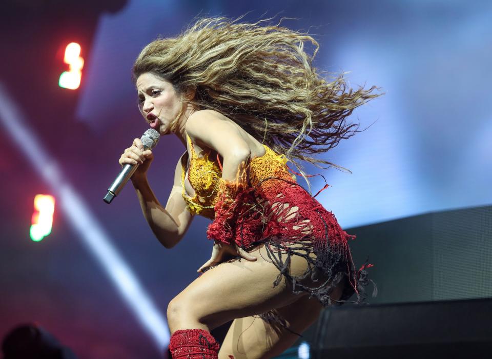 Shakira makes an appearance during BizarrapÕs set in the Sahara tent at the Coachella Valley Music and Arts Festival in Indio, Calif., April 12, 2024.