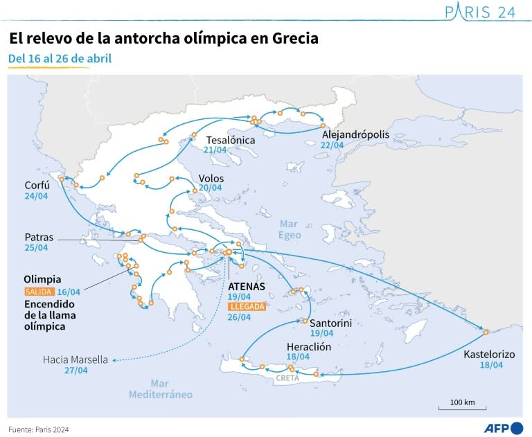 El recorrido por relevos de la antorcha olímpica en Grecia, del 16 al 26 de abril de 2024 (Bertille Lagorce, Laurence Saubadu)