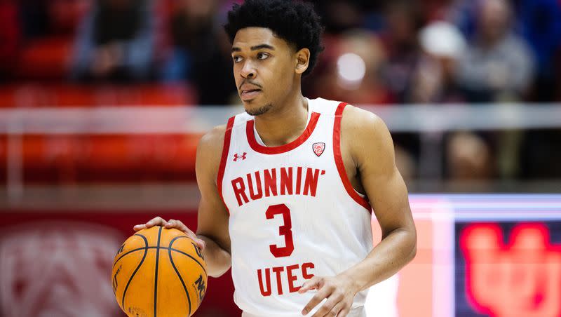 Utah Utes forward Bostyn Holt (3) brings the ball up during an NCAA men’s basketball game at the Huntsman Center in Salt Lake City on Saturday, Feb. 25, 2023. Holt is reportedly entering the NCAA transfer portal.