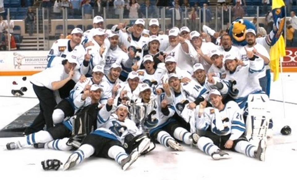 Columbus Cottonmouths co-owner Shelby Amos celebrates with the team after they won the 2005 Southern Professional Hockey League championship.