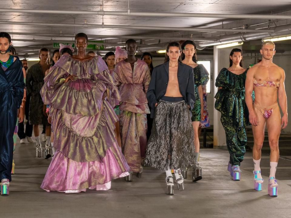 Edward Crutchley’s show, three storeys deep in an echoey car park, showcased his mastery of fabric (Maja Smiejkowska)