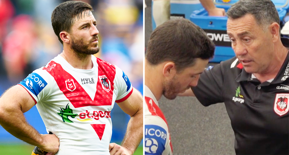 Pictured left Ben Hunt and right Shane Flanagan giving it to Ben Hunt after the Dragons' shock loss to the Eels