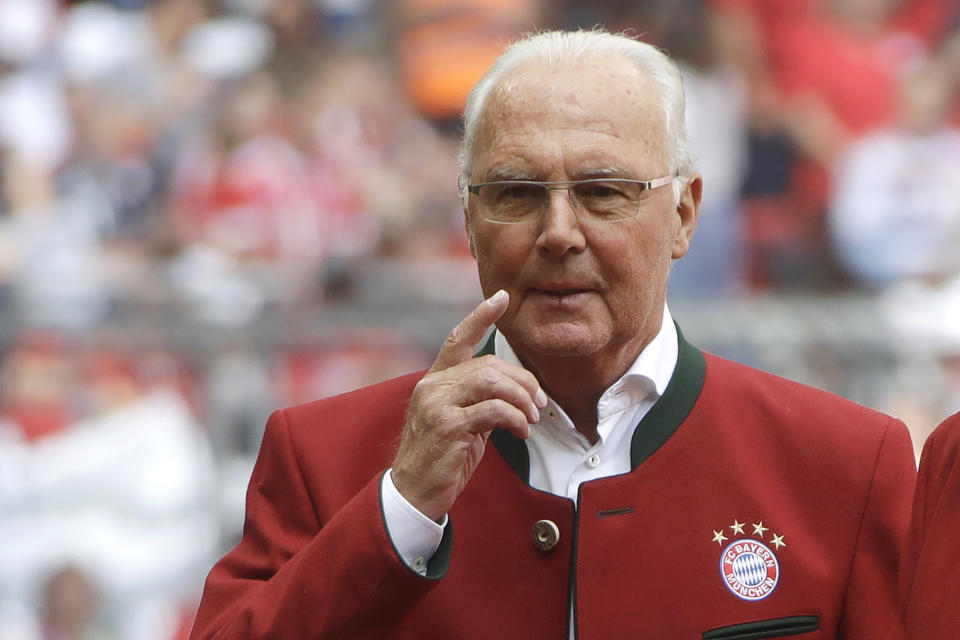 FILE - Bayern legend Franz Beckenbauer stands on the pitch prior to the German first division Bundesliga soccer match against SC Freiburg in Munich, Germany, on May 20, 2017. Germany's World Cup-winning coach Franz Beckenbauer has died. He was 78. Beckenbauer was one of German soccer's central figures. He captained West Germany to the World Cup title in 1974. He also coached the national side for its 1990 World Cup win against Argentina. (AP Photo/Matthias Schrader, File)