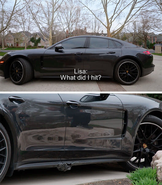 A split of Lisa Barlow hitting a rock with her black car and the damage it caused.