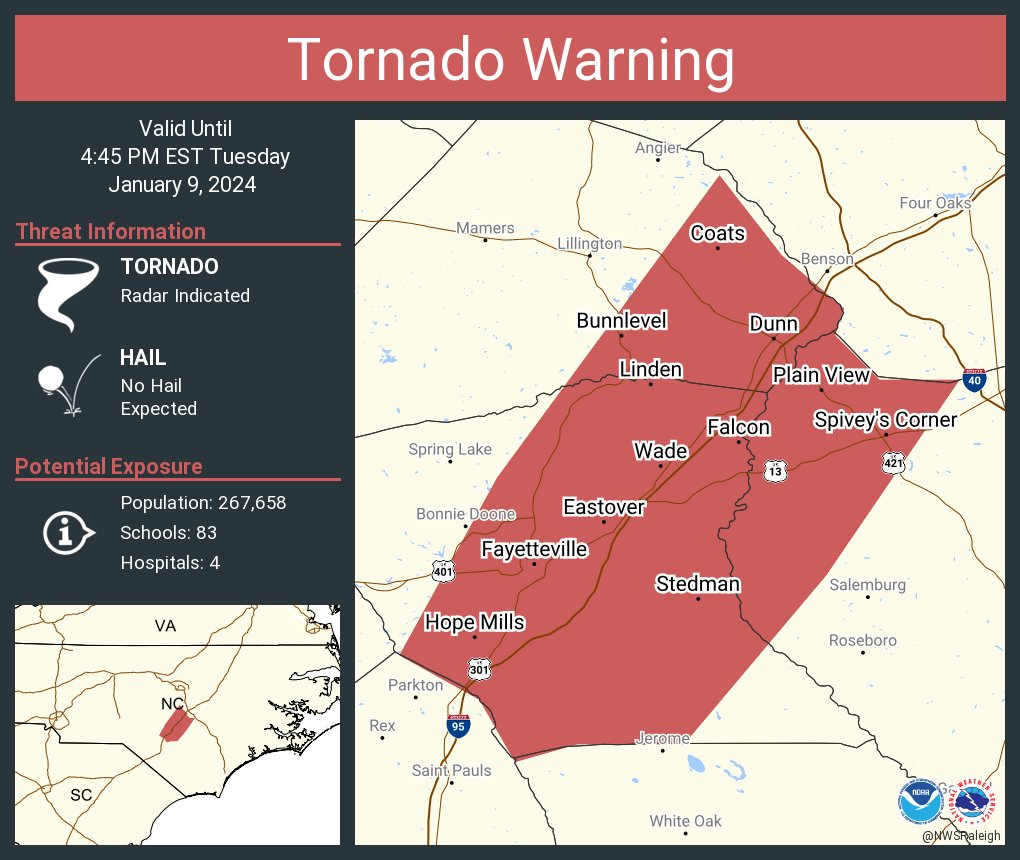 A tornado warning has been issued for areas including Fayetteville and Hope Mills.