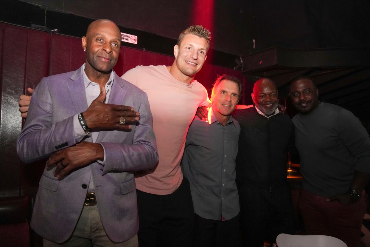 Jerry Rice, Rob Gronkowski, Doug Flutie, Emmitt Smith and Marshall Faulk attend the NFL Alumni Legends Party Presented by USA TODAY NETWORK Ventures at Avalon Hollywood in February 2022.