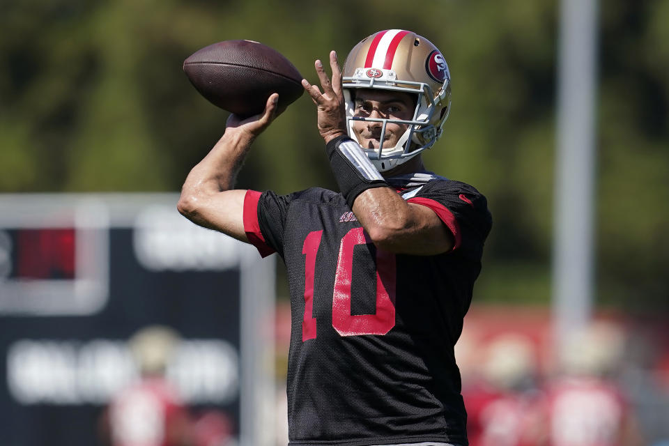 San Francisco 49ers quarterback Jimmy Garoppolo (10) takes part in drills at the NFL football team's practice facility in Santa Clara, Calif., Thursday, Sept. 1, 2022. (AP Photo/Jeff Chiu)