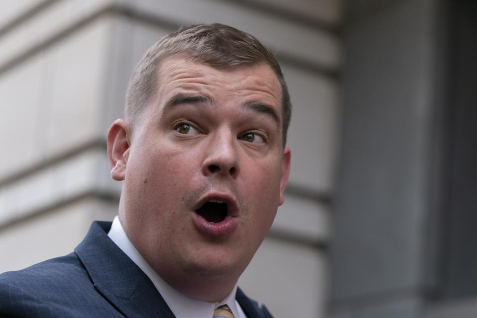 Mike Howell, director of Heritage Foundation's Oversight Project, speaks outside the federal courthouse in Washington, Tuesday, June 6, 2023. The Heritage Foundation is suing President Joe Biden's administration to force officials to release Prince Harry's immigration files, after the Duke of Sussex admitted to using illegal drugs. (AP Photo/Manuel Balce Ceneta)