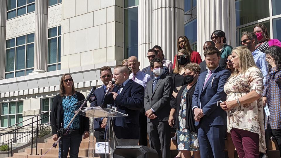 Sean Childers-Gray speaks at a press conference Thursday, May 6, 2021, in Salt Lake City, after the Utah Supreme Court ruled in his favor that allowed her and another transgender people to list the sex to which they identify with on their driver's licenses and other state records. (Paighten Harkins/The Salt Lake Tribune via AP)