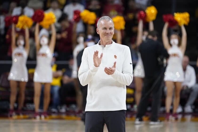 Southern California head coach Andy Enfield stands on the court before an NCAA college basketball game against Washington State Sunday, Feb. 20, 2022, in Los Angeles. (AP Photo/Marcio Jose Sanchez)