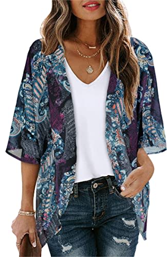 Summer Kimono Cardigan for Women Sheer Light Tops Casual Open Front Swimwear Shirts Beach Cover ups (Boho Purple,S)