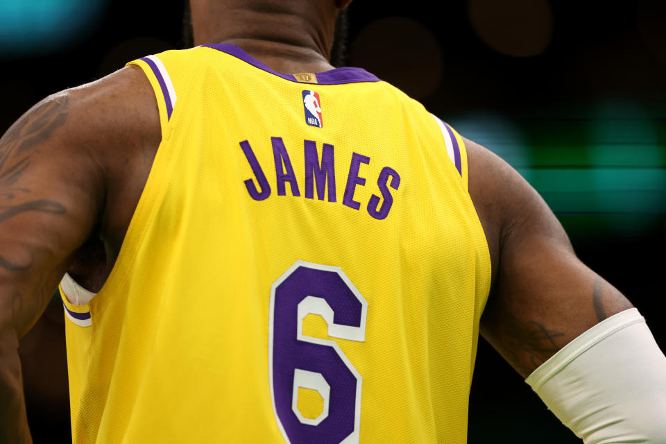 BOSTON, MASSACHUSETTS - JANUARY 28: The jersey of LeBron James #6 of the Los Angeles Lakers during the second half at TD Garden on January 28, 2023 in Boston, Massachusetts. The Celtics defeat the Lakers 125-121.  (Photo by Maddie Meyer/Getty Images)