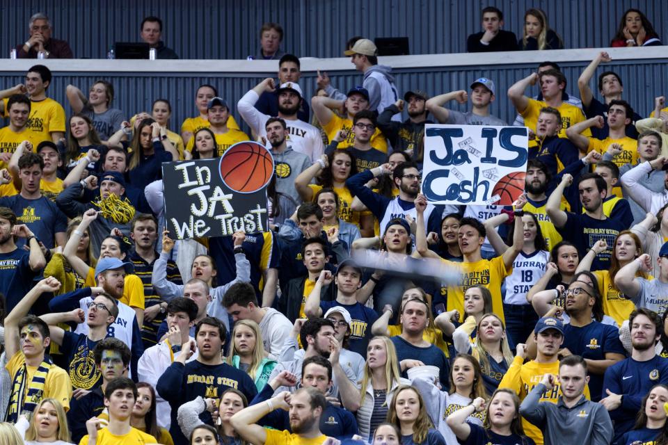 Murray State Racers and Ja Morant fans fill the Ford Center during the Ohio Valley Conference men's basketball championship at Ford Center in Evansville, Ind., Saturday, March 9, 2019. The Racers earned the OVC men's championship title after defeating the Belmont Bruins, 77-65, in front of over 10,000 people. 