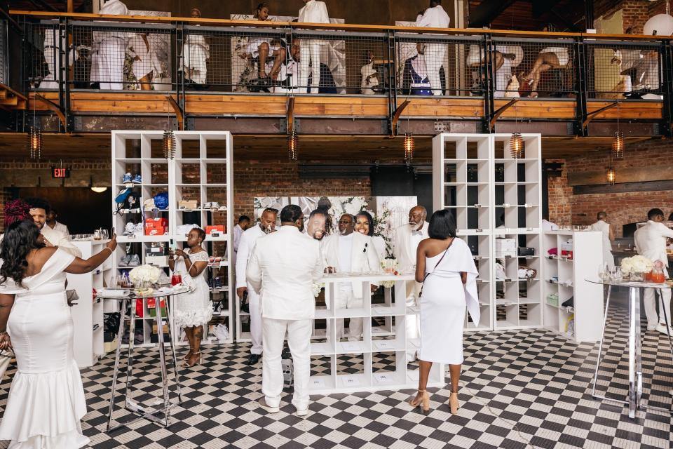 A wedding venue with shoes in cubbies.