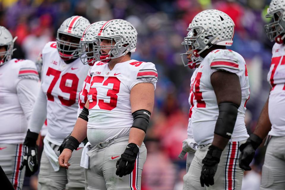 Two new Browns linemen, Ohio State tackle Dawand Jones (79) and center Luke Wypler (53), line up during the second half at Northwestern, Nov. 5, 2022.