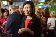 FILE - In this June 5, 2018, file photo Orange County Supervisor Michelle Steel smiles as she visits Rep. Dana Rohrabacher's election night party in Costa Mesa, Calif. Republican challenger Michelle Steel has talked about taxes, while Democratic Rep. Harley Rouda has focused on health care and prescription drug costs. In the campaign for House control, some districts are seeing a fight between Democrats saying they'll protect voters from Republicans willing to take their health coverage away, while GOP candidates are raising specters of rioters imperiling neighborhoods if Democrats win. (Jeff Gritchen/The Orange County Register via AP, File)