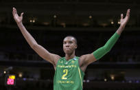 Oregon forward Louis King (2) celebrates during the second half of a first round men's college basketball game against Wisconsin in the NCAA Tournament, Friday, March 22, 2019, in San Jose, Calif. (AP Photo/Ben Margot)