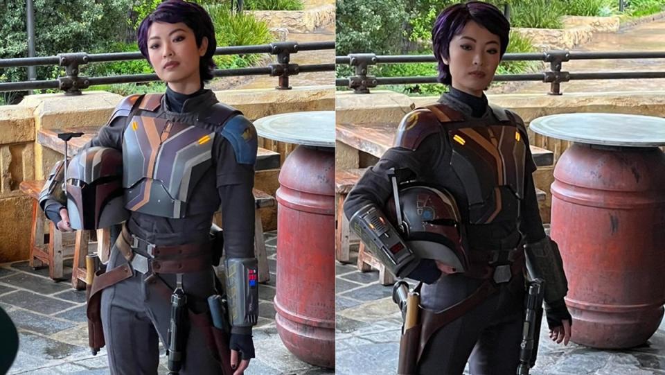 Sabine Wren, wandering the Black Spire Outpost, also known as Star Wars: Galaxy's Edge.